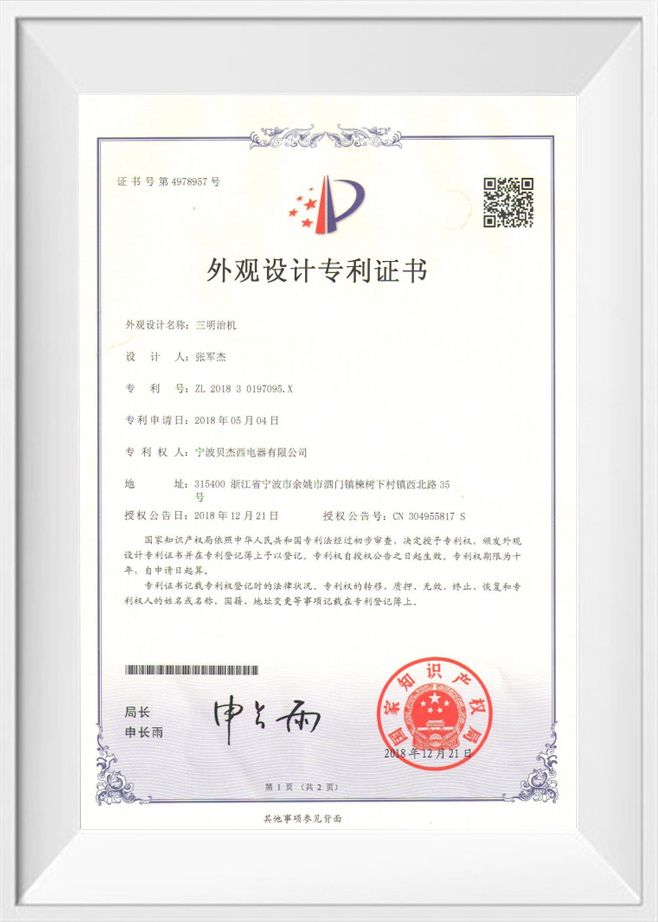 Certificat de brevet de conception